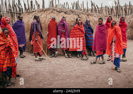 JUN 24, 2011 Serengeti, Tanzania - Group of African Masai or Maasai tribe man in red cloth standing by clay hut in village staring at camera. Ethnic g Stock Photo