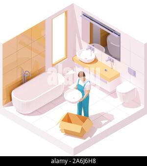 Vector isometric plumber installing sink in bathroom Stock Vector