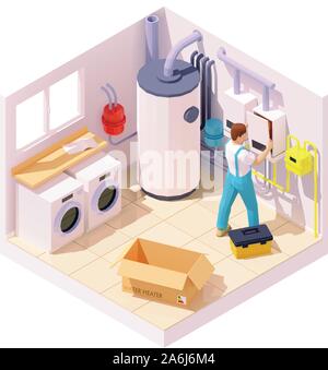Vector isometric technician on water heater or boiler installation Stock Vector