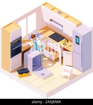Vector isometric technician repairing dishwasher Stock Vector