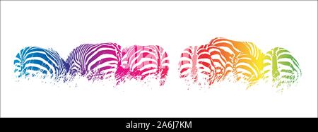 The back view of a row of xebras in raibow colours. EPS10 vector format in popular social media banner proportions Stock Vector