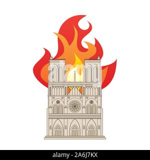Notre Dame Cathedral in Paris, France. Colour drawing showing the building on fire. EPS10 vector format Stock Vector