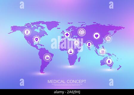 Medical concept Internet of Things (IoT) and pharmaceutical products background. World trade in pharmaceutical preparations, pharmacological business Stock Vector