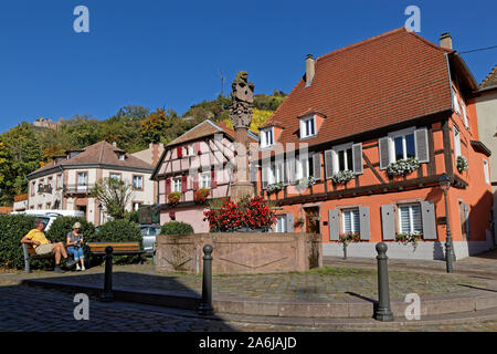 RIBEAUVILLE, FRANCE, October 14, 2019 : An old place in the medieval town and the castle. Ribeauvillé is in part surrounded by ancient walls, and has Stock Photo