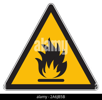 Fire warning sign in yellow romb. Flammable, inflammable substances on ...