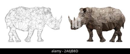 African white rhinoceros, triangulation style banner in natural skin tones and black and white wireframe view. EPS10 vector format. Stock Vector
