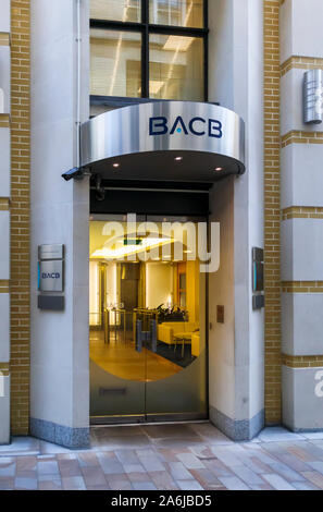 Entrance to the modern London headquarters of the British Arab Commercial Bank in Mansion House Place, London EC4 Stock Photo