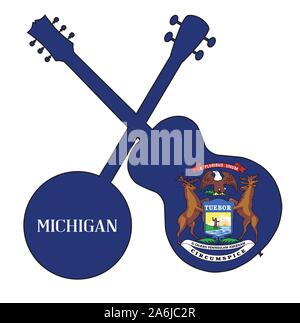 A typical four string banjo in silhouette with an acoustic guitar over the Michigan state flag on a white background Stock Vector