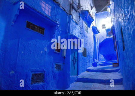 blue houses at night at Chefchaouen in Morocco Stock Photo