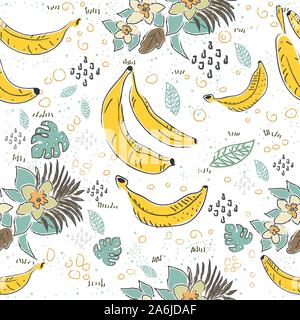 Dotted Background. Seamless Pattern with Bananas. Scandinavian Style. Fruits. Stock Vector