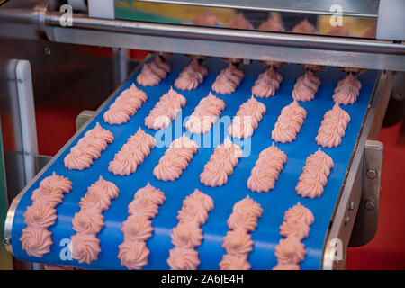 Cakes on automatic conveyor belt , process of baking in confectionery factory. Stock Photo