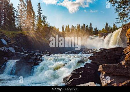 Ristafallet waterfall in the western part of Jamtland is listed as one of the most beautiful waterfalls in Sweden. Stock Photo