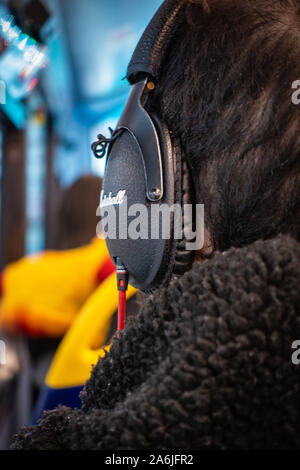 Back of mans head wearing headphones on the top floor of a bus Stock Photo