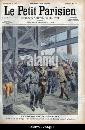 A Courrieres, 13 mineurs survivants sont retrouves 20 jours apres les incendies des mines. Gravure in 'Le Petit Parisien', le 15/04/1906. Stock Photo