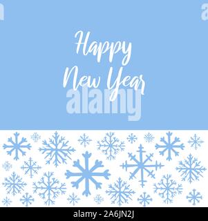 Vector hand drawn background with white snowflakes on blue background and copy space for text. Happy New Year hand lettered text. Winter, New Year and Stock Vector
