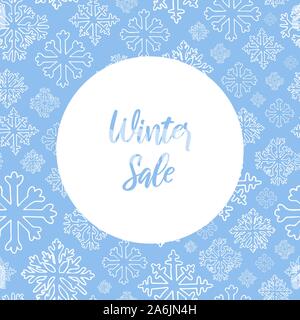 Vector hand drawn banner with white snowflakes on blue background and copy space for text. Winter sale hand lettered text. Winter, New Year and Christ Stock Vector