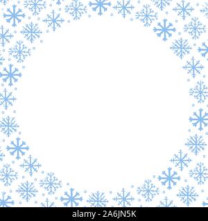 Vector winter frame background with blue hand drawn snowflakes on white background. Copy space for text. Winter, New Year and Christmas design element Stock Vector