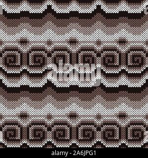 Seamless knitting ornate with swirl elements in muted brown and beige hues, vector pattern as a fabric texture Stock Vector