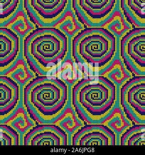 Seamless knitting ornate with swirl elements in bright pink, yellow, blue and turquoise colors, vector pattern as a fabric texture Stock Vector