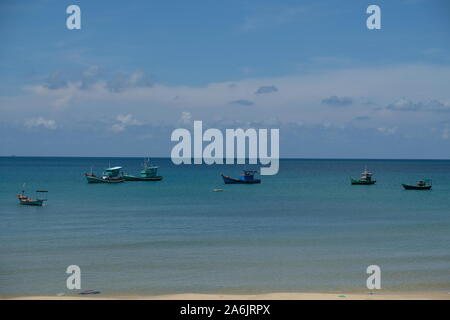 Vietnam Phu Quoc - fishing boats long beach Stock Photo