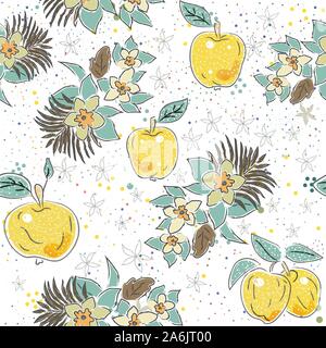 Cute Seamless Pattern with Apples and Flowers. Scandinavian Hand Drawn Style. Vector Illustration Stock Vector