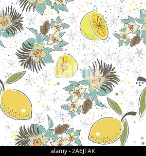 Cute Seamless Pattern with Lemons and Flowers. Scandinavian Hand Drawn Style. Vector Illustration Stock Vector