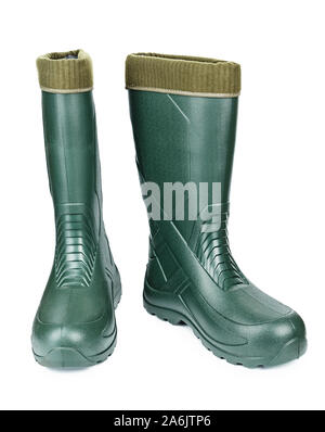 men's rubber boots. isolated on white background. typical autumn shoes or fishing shoes. place for text Stock Photo
