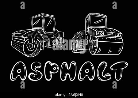 Black white vector illustration with asphalt laying machine Stock Vector