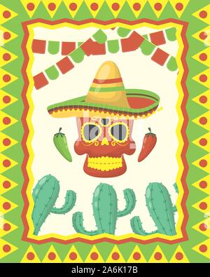 viva mexico celebration with death mask and hat Stock Vector