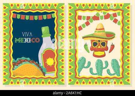 viva mexico celebration with food and death mask Stock Vector