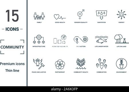 Community icon set. Include creative elements family, gender equality, infrastructure, life under water, peace and justice icons. Can be used for Stock Vector