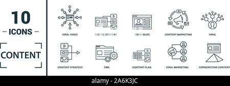 Content icon set. Include creative elements cms, content plan, digital content, viral marketing, media plan icons. Can be used for report Stock Vector