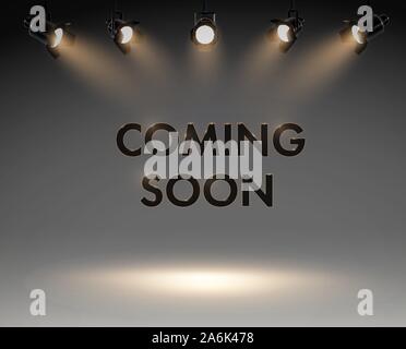 Coming soon with spotlight in grey background, studio lights. sale poster, ector illustration eps 10 Stock Vector