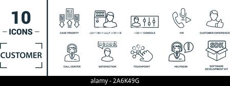 Customer Service icon set. Include creative elements agent console, case priority, satisfaction, helpdesk, knowledge base icons. Can be used for Stock Vector