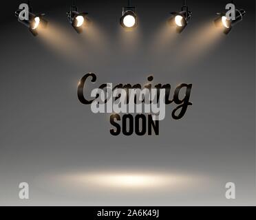 Coming soon with spotlight in grey background, studio lights. sale poster, ector illustration eps 10 Stock Vector
