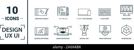 Ui icon set. Include creative elements search, done, thumb up, zoom out, volume up icons. Can be used for report, presentation, diagram, web design Stock Vector