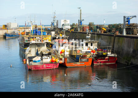 Fishing boats moored up in Seahouses harbour Northumberland UK Stock Photo