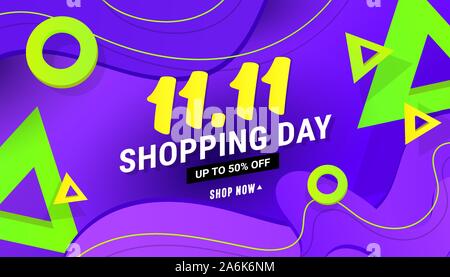11.11 shopping day sale banner background with polygonal gradient shapes on blue background for posters, cards, headers, website. Stock Vector