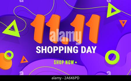 11.11 shopping day sale banner background with polygonal gradient shapes on blue background for posters, cards, headers, website. Stock Vector