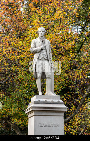 New York, USA,  26 October 2019.  A statue of Alexander Hamilton in New York City's Central Park.   Hamilton was one of the Founding Fathers of the Un Stock Photo