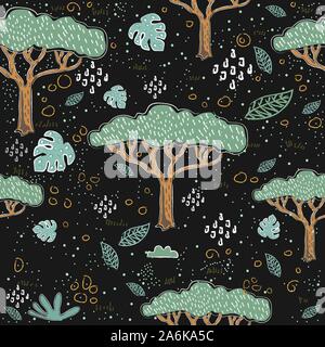 Seamless Pattern With Hand Drawn Palms and Baobabs. Scandinavian Style. Vector Illustration Stock Vector