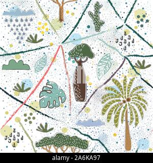 Seamless Pattern With Hand Drawn Palms and Baobabs. Scandinavian Style. Vector Illustration Stock Vector