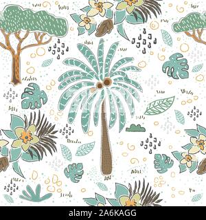 Seamless Pattern With Hand Drawn Palms and Baobabs. Scandinavian Style. Vector Illustration Stock Vector