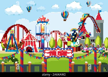 Themepark scene with many rides and happy children illustration Stock ...