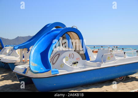 a blue pedalo on the beach in Mallorca Stock Photo