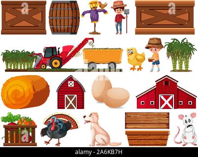 Large set of isolated farm objects illustration Stock Vector