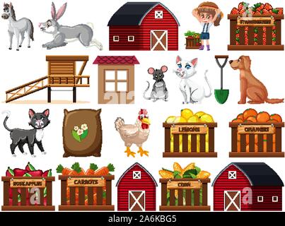 Large set of isolated farm objects illustration Stock Vector