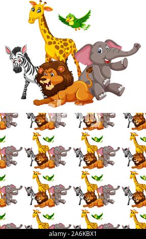 Group of wild african animals and seamless pattern illustration Stock Vector