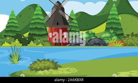 An outdoor scene with windmill illustration Stock Vector