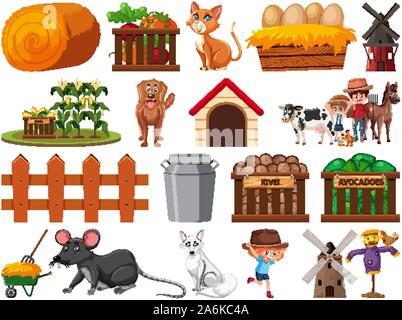 Large set of isolated farm objects illustration Stock Vector